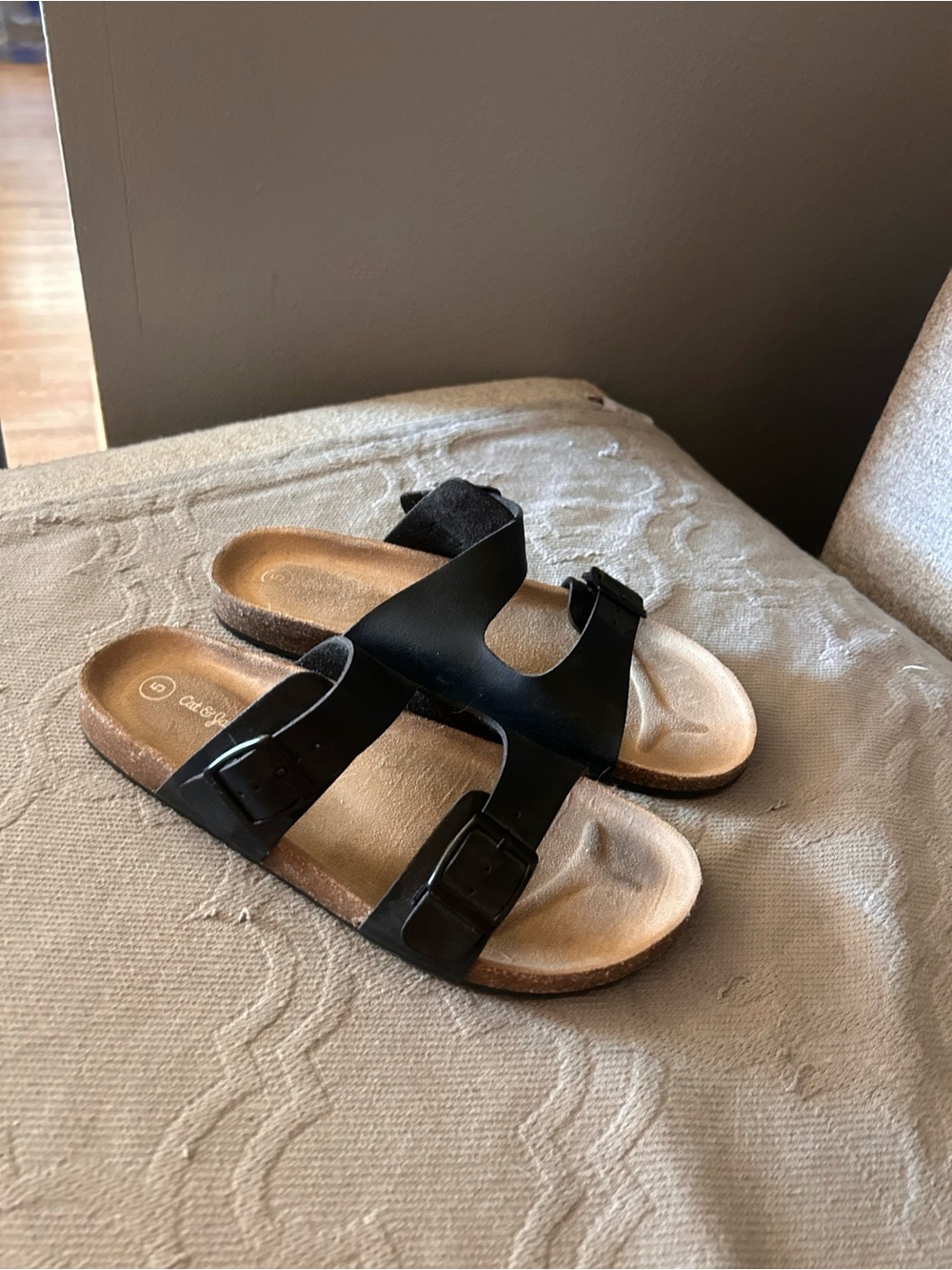 Black Double-Buckle Slide Sandals - Kids